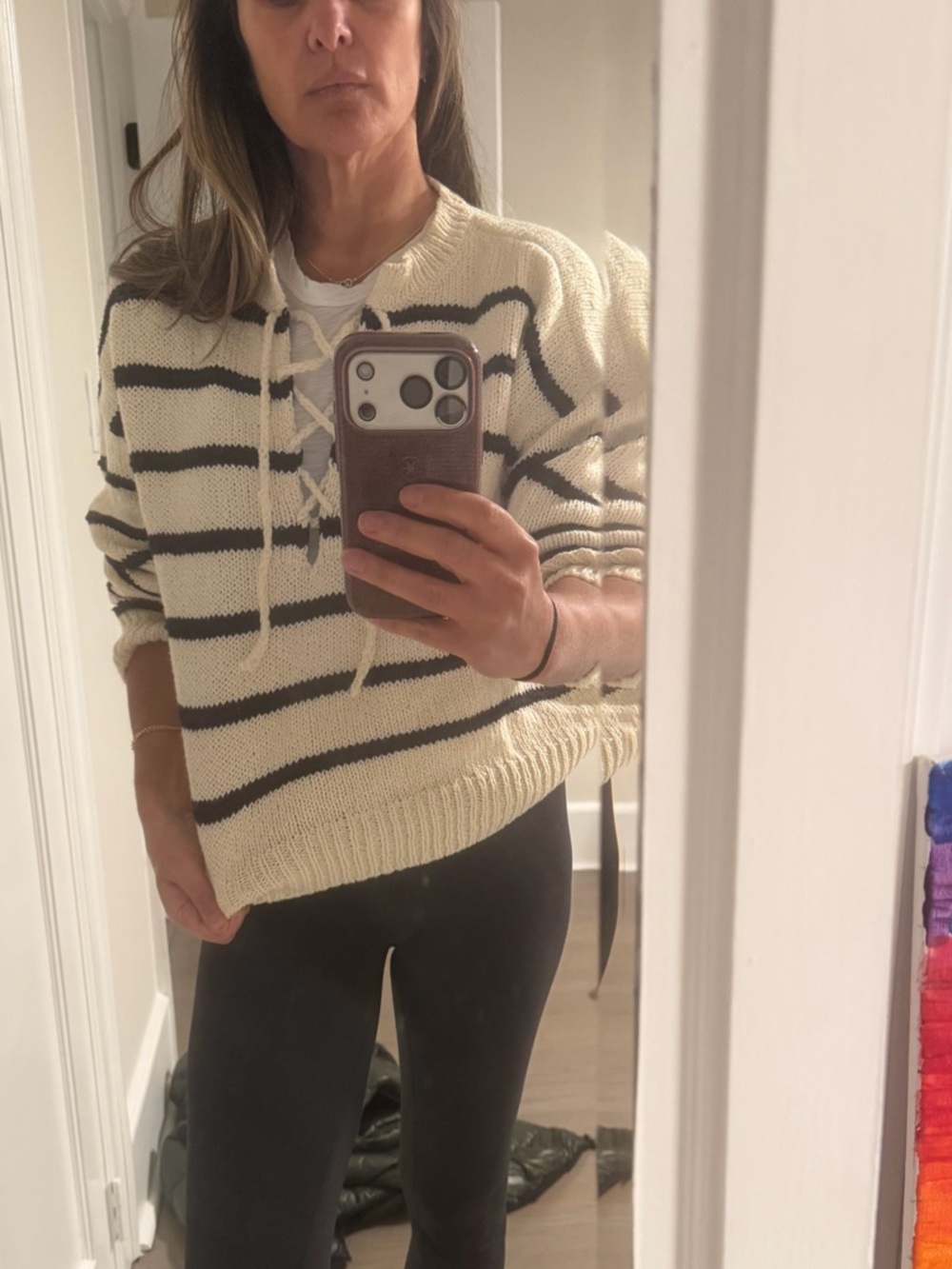 THE GREAT. Ivory Crewneck Sweater with Navy Stripes